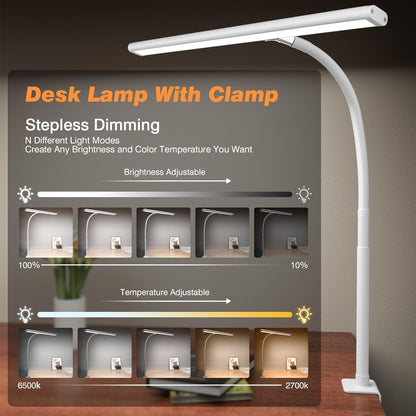 Airlonv LED Desk Lamp for Office Home, Eye-Caring Desk Light with Stepless Dimming Adjustable Flexible Gooseneck, 10W USB Adapter Desk Lamp with Clamp for Reading, Study, Workbench (Black)