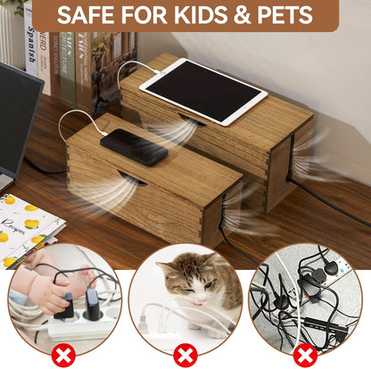 KIRIGEN Wooden Cable Management Box Set of 2 - Solid Wood Large & Small Cord Organizer Hides Power Strips, Chargers & Wires for Desk, TV Stand, Home Office DXH2T-NA