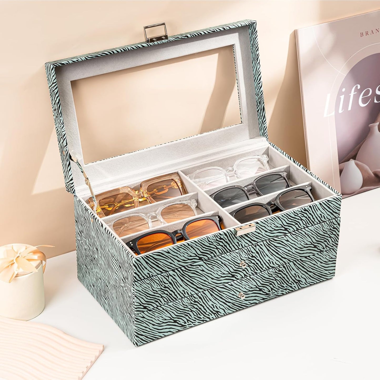 ProCase 3-layer Sunglasses Storage Organizer, 18 Slots Leather Sunglass Box Multiple Pairs Eyeglass Cases Eye Glass Eyewear Display Holder for Men Women, Valentine's Day Gift -Black