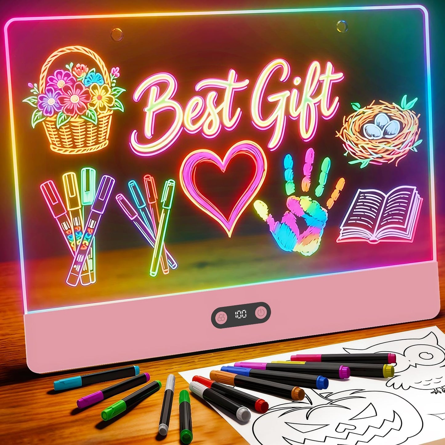 Rechargeable LED Drawing Board for Kids, 16" Light Up Acrylic Dry Erase Led Note Board with Stand, 11 Light Effects Drawing Tablet, Birthday Holiday Toy Gifts for Kids, 12 Markers (White)