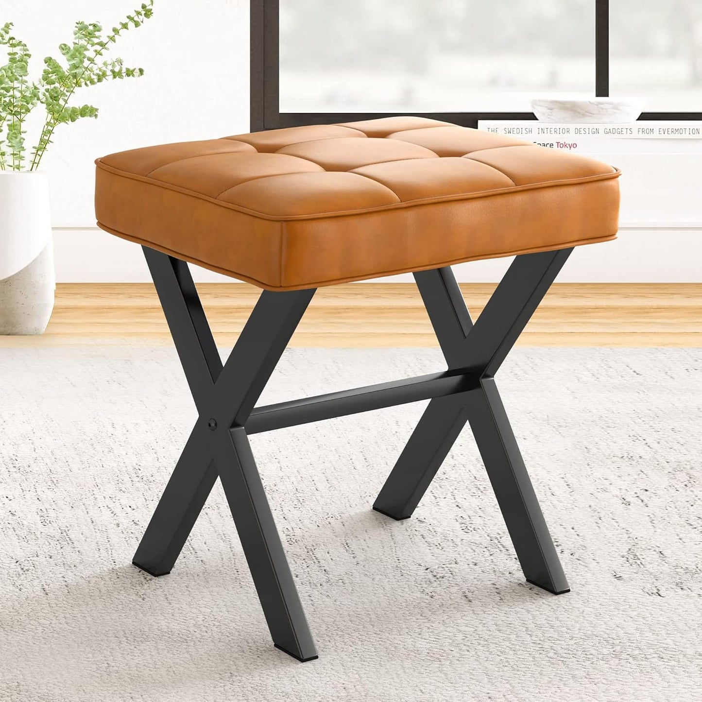 LUE BONA Square Linen Makeup Stool, Metal X Legs, Small Ottoman Stool Chair for Vanity, Modern Padded Seat Foot Rest for Makeup Room, Bathroom