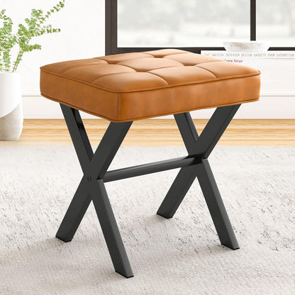 LUE BONA Square Linen Makeup Stool, Metal X Legs, Small Ottoman Stool Chair for Vanity, Modern Padded Seat Foot Rest for Makeup Room, Bathroom