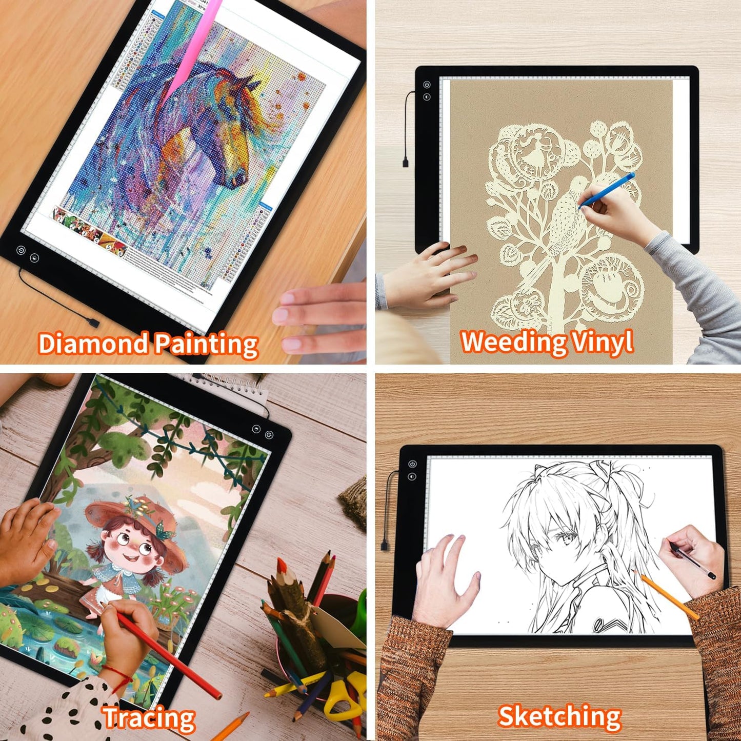 Rechargeable A2 Light Pad for Diamond Painting, 3 Colors High Bright Tracing Light Box with 6 Levels/Stepless Dimming, Fast Charging Adapter & 5555Lux, Large Drawing Light Board for Sketching