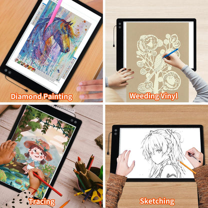 Rechargeable A2 Light Pad for Diamond Painting, 3 Colors High Bright Tracing Light Box with 6 Levels/Stepless Dimming, Fast Charging Adapter & 5555Lux, Large Drawing Light Board for Sketching