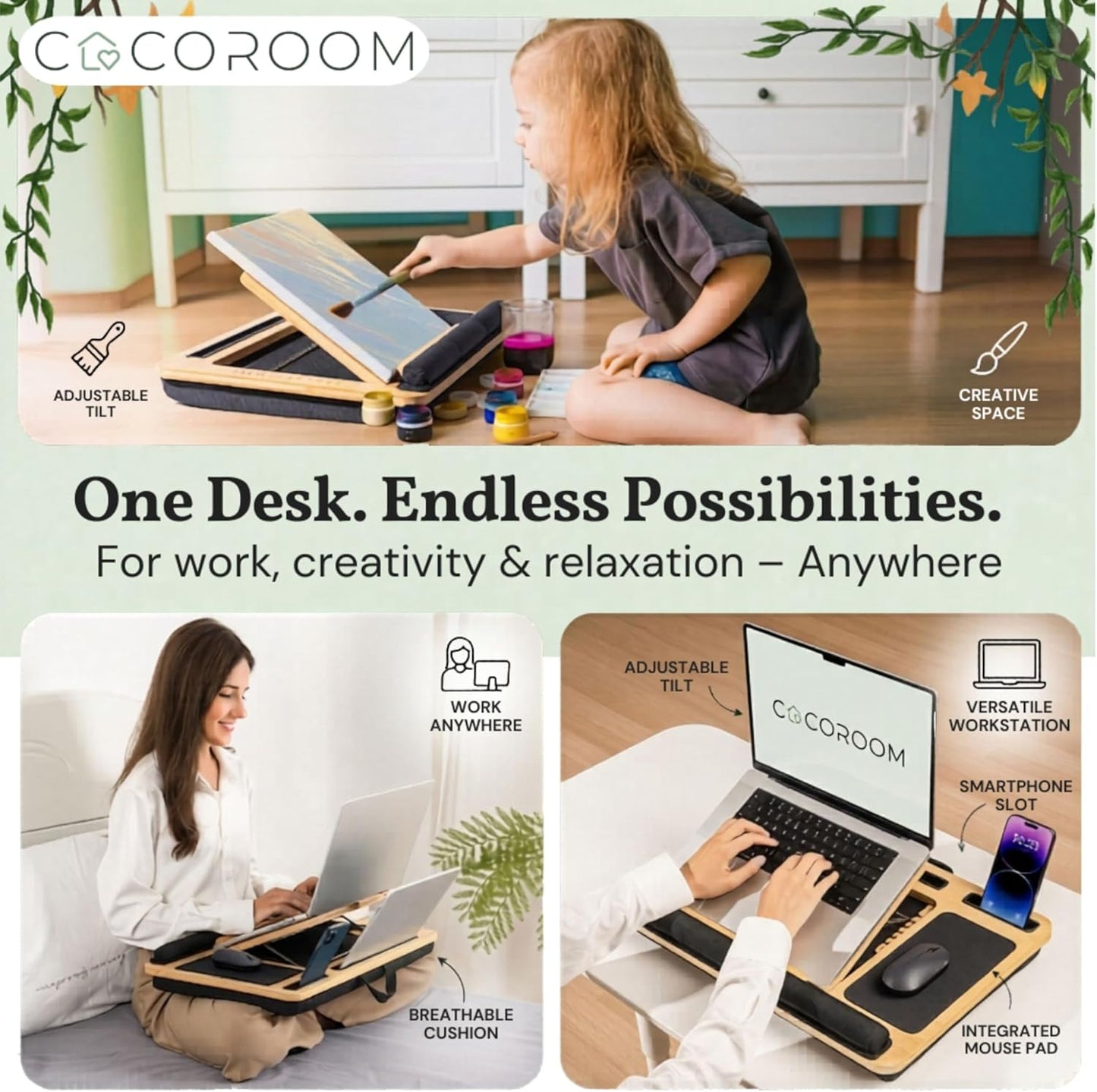 Lap Desk for Laptop – Bed Desk Tray Table with Cushion, 5 Angles, Phone & Tablet Holder, Mouse Pad & Ventilation – Laptop Stand, Lap Table, Couch Desk for 15”-17” Laptops (Black)