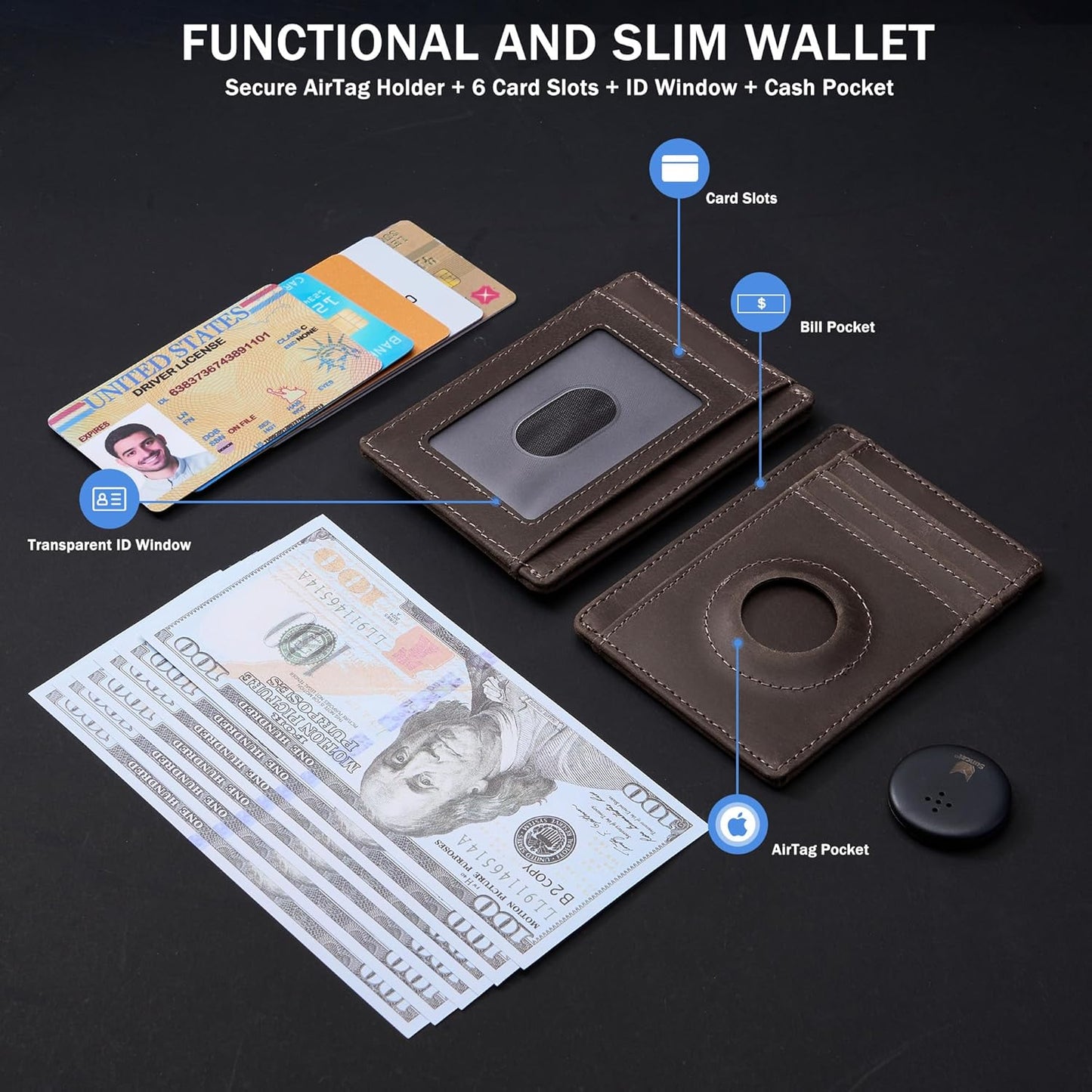 Wallet with Airtag Holder Genuine Leather Wallets Slim Minimalist Card Holder RFID Blocking Card Wallet Compatible with AirTag
