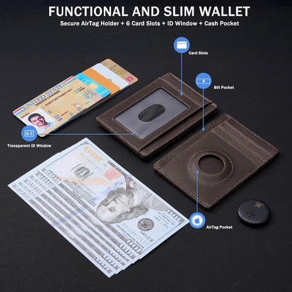 Wallet with Airtag Holder Genuine Leather Wallets Slim Minimalist Card Holder RFID Blocking Card Wallet Compatible with AirTag