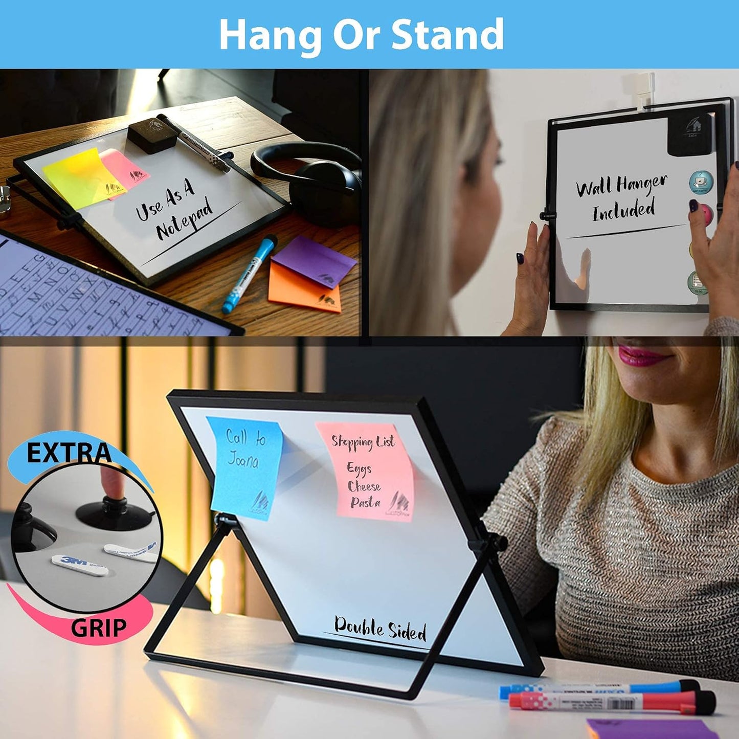 Dry Erase White Board for Desktop & Wall 12"x16" with 2 Magnetic Removable Planners - Weekly & Monthly to Do List Board with Stand, 6 Markers Eraser & Wall Hangers - Portable Double Sided Magnetic