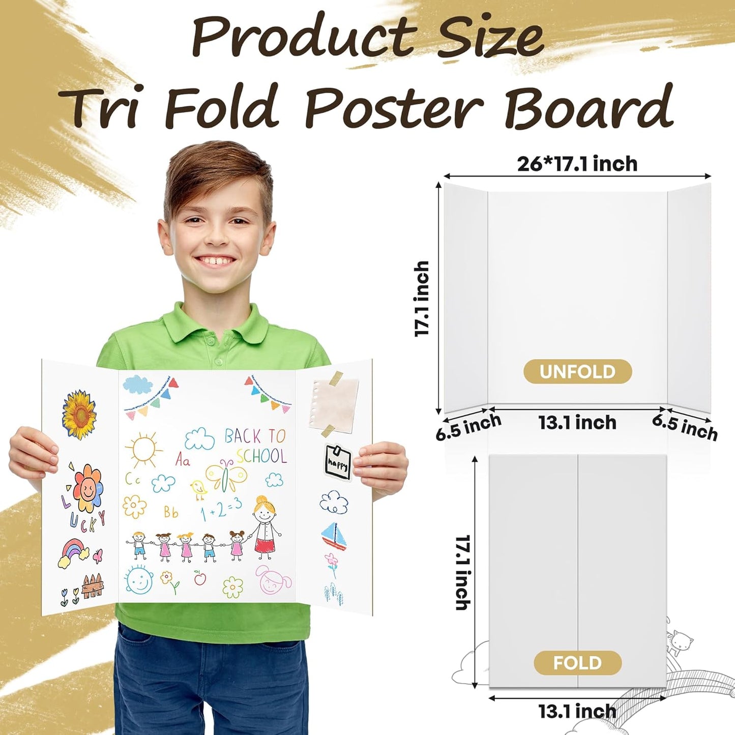 PSHVYM 4 Pcs Trifold Poster Board, 26 x 17 inches Poster Board with Double Sided Tapes and Cardboard, Corrugated Presentation/Display Board for School Project, Science Fair, Business