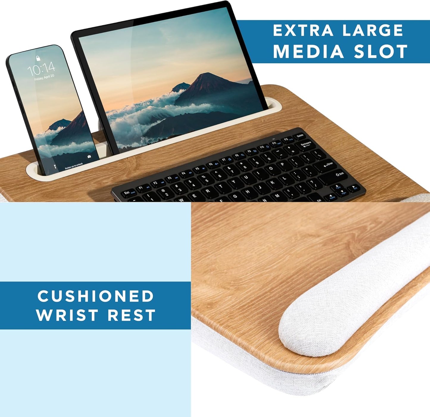 LAPGEAR Portable Laptop Lap Desk with Pillow Cushion, Anti-Slip Strip, Tablet or Phone Storage Slot, Pen and Pencil Pocket, and Wrist Rest - Espresso Woodgrain - Fits 15.6" Laptops - Style No. 91342