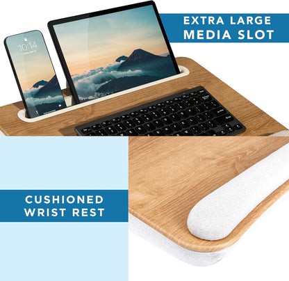 LAPGEAR Portable Laptop Lap Desk with Pillow Cushion, Anti-Slip Strip, Tablet or Phone Storage Slot, Pen and Pencil Pocket, and Wrist Rest - Espresso Woodgrain - Fits 15.6" Laptops - Style No. 91342