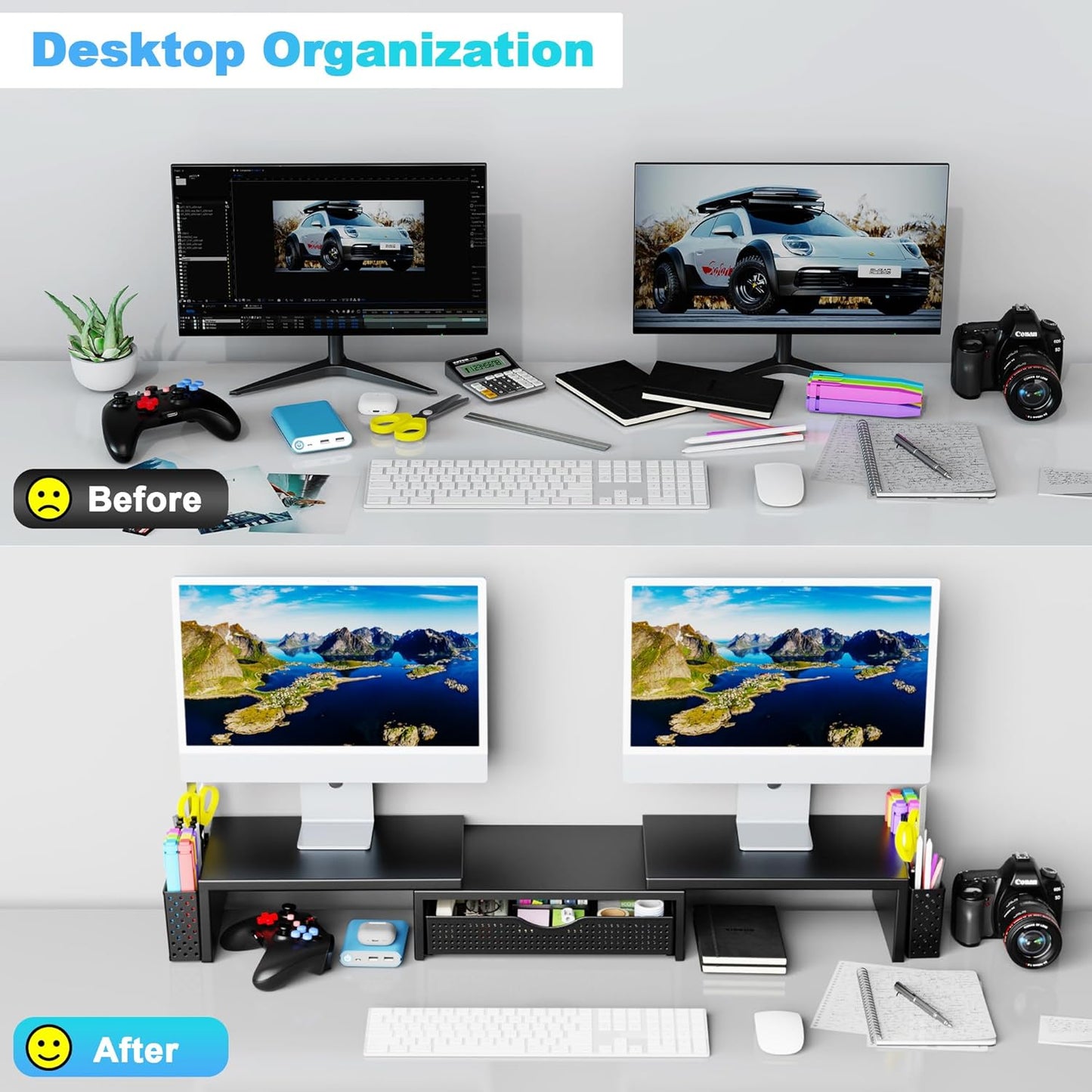 Spacrea Metal Desk Organizers and Accessories, Dual Monitor Stand Riser with Drawer and 2 Pen Holders, Desk Accessories & Workspace Desktop Organizers for Office Supplies (Wood)