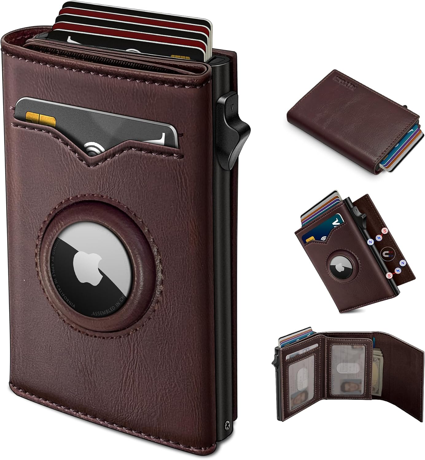 miyozi Airtag Wallet for Men,with Cash Pocket 2 ID Window 9-12 Cards,Metal Case Smart Slim Pop Up Credit Card Holder Flip with Magnetic Closure RFID Blocking Trifold wallet with Gift Box