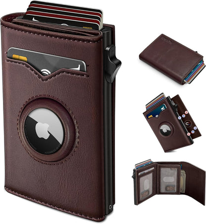 miyozi Airtag Wallet for Men,with Cash Pocket 2 ID Window 9-12 Cards,Metal Case Smart Slim Pop Up Credit Card Holder Flip with Magnetic Closure RFID Blocking Trifold wallet with Gift Box