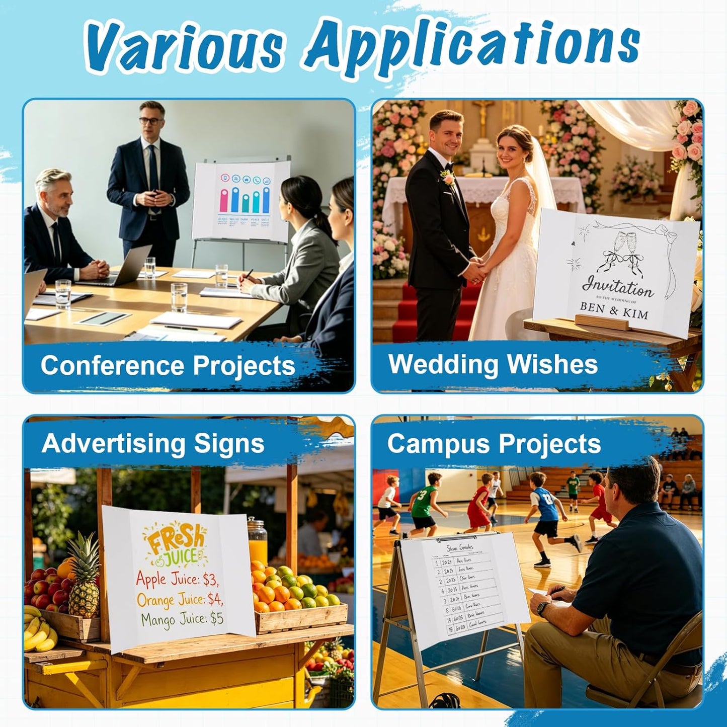4 Pcs Small Trifold Poster Board, 21.4" x 14" Presentation Board, with Double Sided Tapes and Cardboard, White Corrugated Project Boards/Display Board for School Project/Science Fair Display Boards
