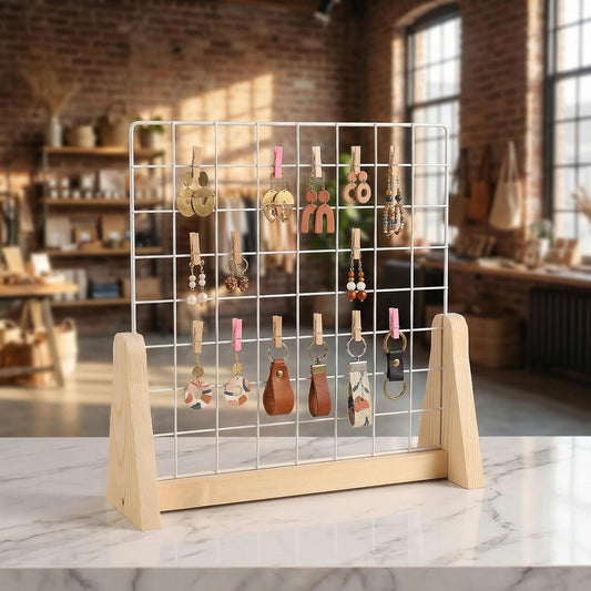 15.7”X15.7” Grid Wall Countertop Display Stand Metal Grid Wall Stand with Mini T-Base Portable Tabletop Display Unit with 20 Small Clips for Shows Retail Crafts Artistic Drawings Photos