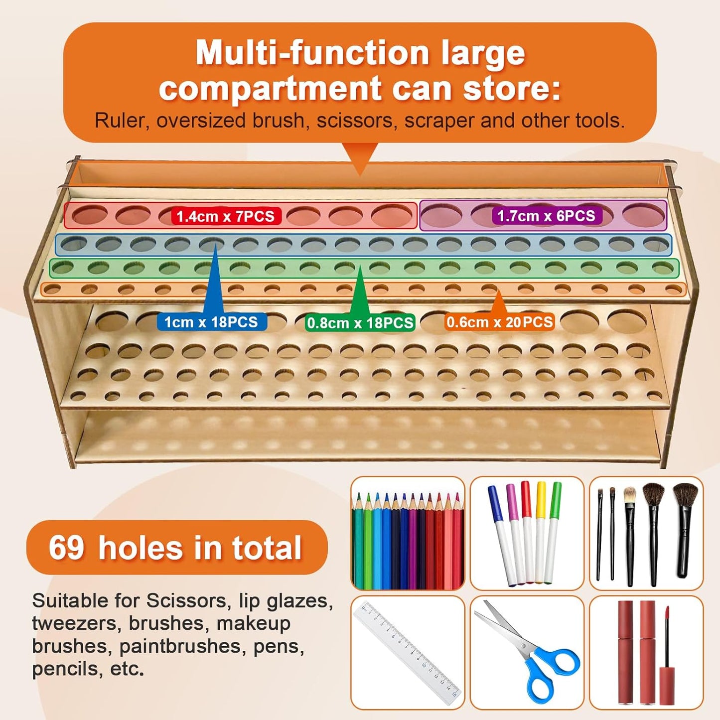 Wooden Paint Brush Holder with Glue 67 Hole and Large Tool Compartment Paint Brush Organizer Desk Paintbrush Holder Stand Wood Paintbrush Rack