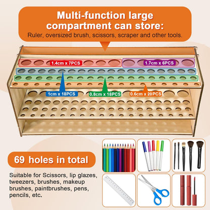 Wooden Paint Brush Holder with Glue 67 Hole and Large Tool Compartment Paint Brush Organizer Desk Paintbrush Holder Stand Wood Paintbrush Rack