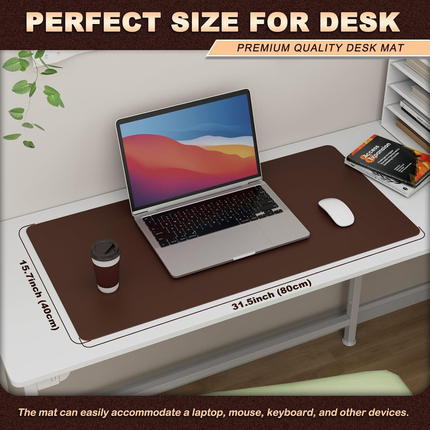 K KNODEL Leather Desk Pad Protector, Office Desk Mat, Large PVC Leather Desk Blotter, Non-Slip Mouse Pad (Dark Brown, 15.7" x 31.5")