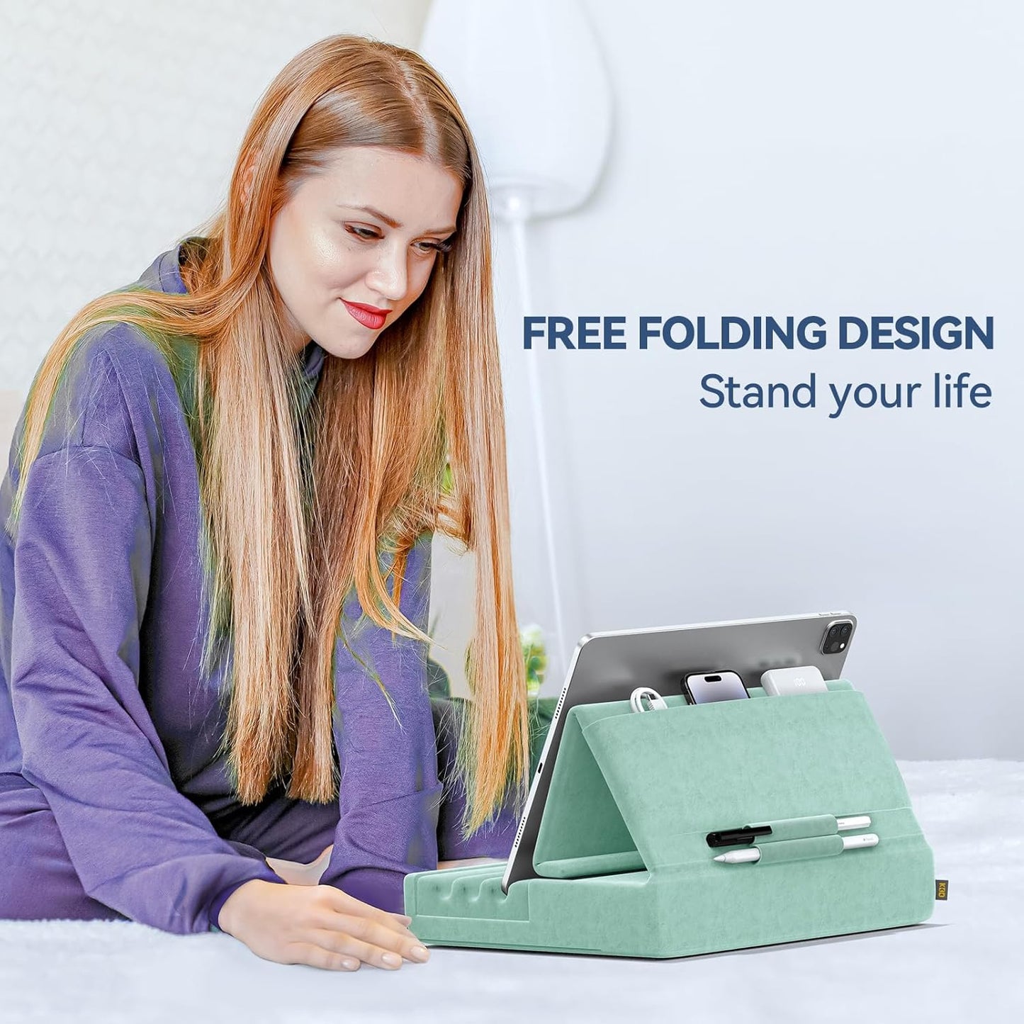 KDD Tablet Pillow Holder, Foldable iPad Stand for Lap, Bed and Desk -Tablet Soft Pad Dock with Pocket & Stylus Mount Compatible with iPad Pro 12.9, 10.5, 9.7 Air Mini 6 5 4 3, Galaxy Tab, E-Reader