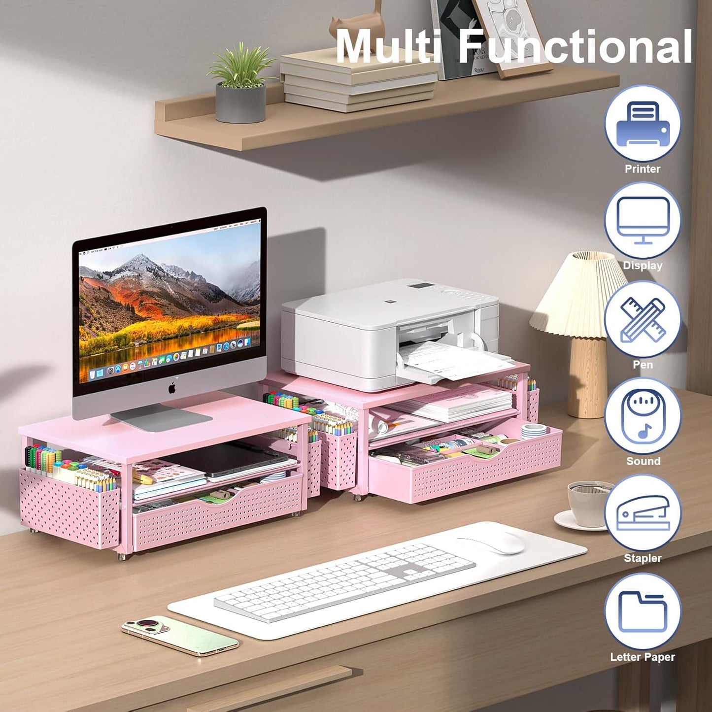 Spacrea Desk Organizer and Accessories, Computer Monitor Stand Riser with Drawer and 2 Pen Holders, Office Desk Accessories & Workspace Organizers for Office Supplies (Wood)
