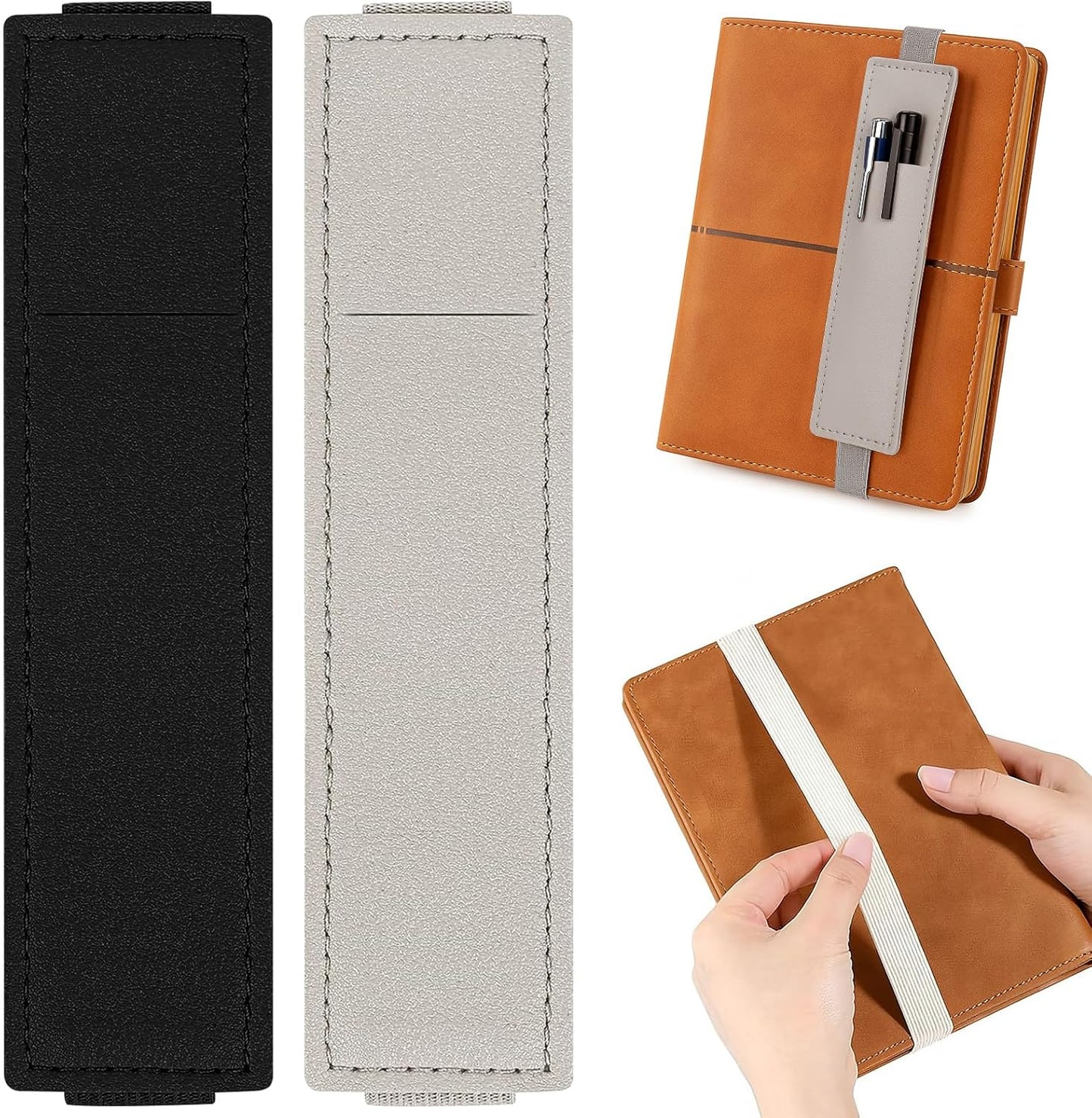 Tokusatsu 2 Pack Adjustable Elastic Pen Holder for Notebook, PU Leather Pencil Pouch with Stretchable Band, Fits Journals, Binders, Planners, Books, Portable Pen Sleeve Pouch, Off-White