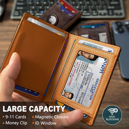 miyozi Airtag Wallet for Men- with Money Clip Gift Boxed, Magnetic Closure Slim Genuine Leather Front Pocket Wallet, 4.1"x 2.8", RFID Blocking