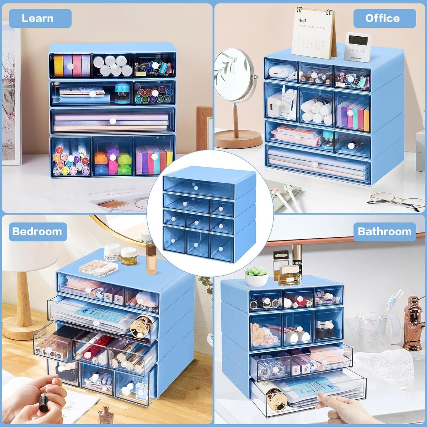 Desk Storage Organizer with 9 Drawers, 4 Tiers Stackable Desktop Craft Storage Drawers, Clear Storage Box Caddy for Stationary Makeup Jewelry Office Craft Supplies (Green)