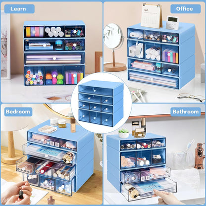 Desk Storage Organizer with 9 Drawers, 4 Tiers Stackable Desktop Craft Storage Drawers, Clear Storage Box Caddy for Stationary Makeup Jewelry Office Craft Supplies (Green)
