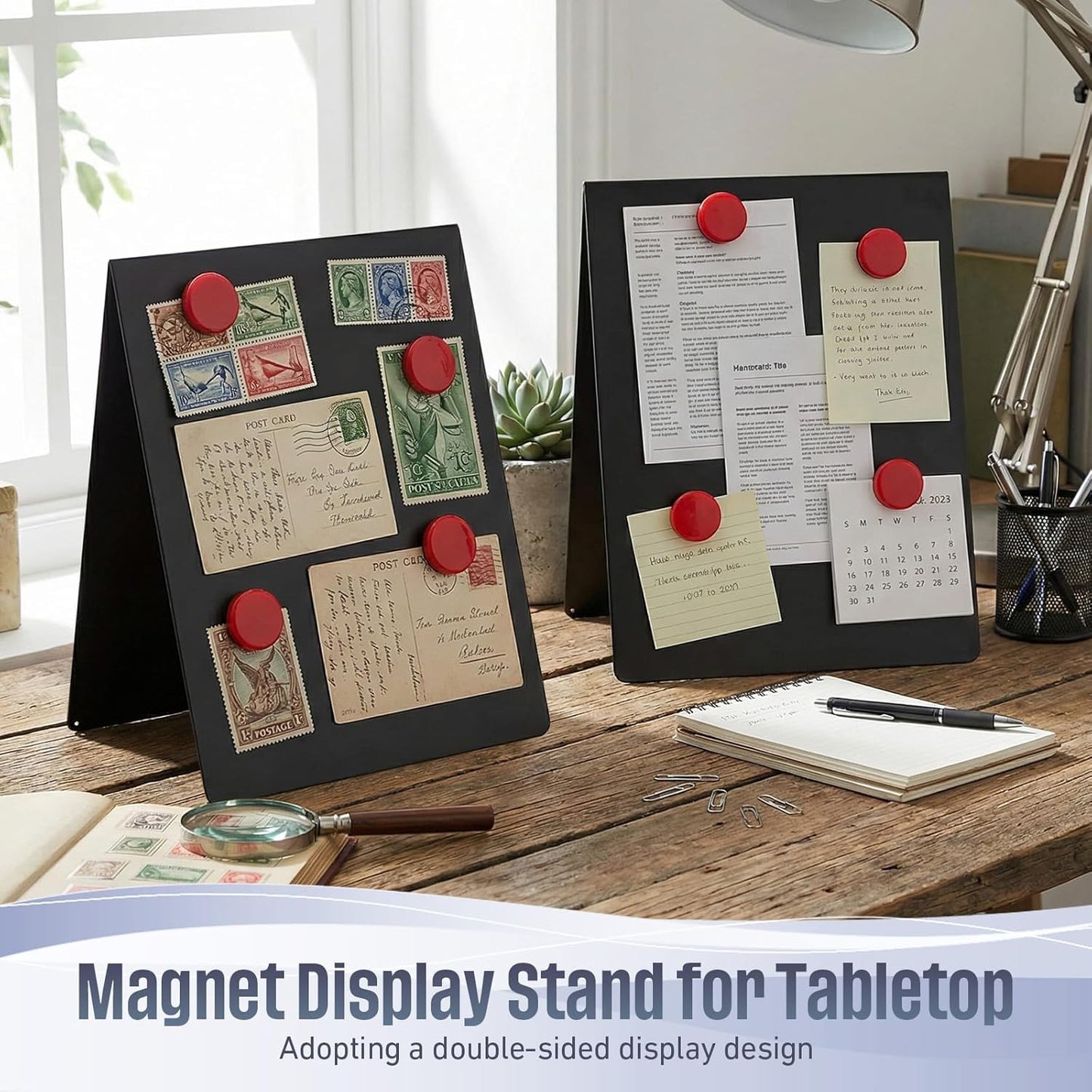 Fainne 2 Pack 6x8 Inch Magnet Display Stand, Double-Sided Magnetic Bulletin Board with Stand Tabletop Blank Magnetic Signs for Restaurant Menu Office Home School, Black