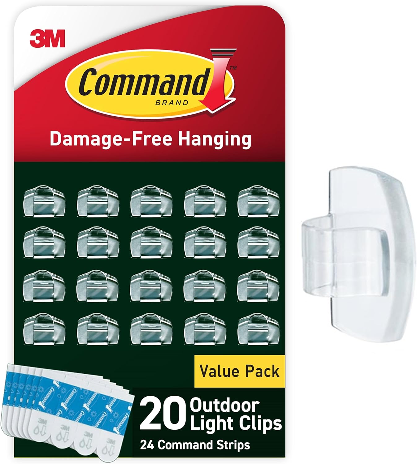 Command Outdoor Light Clips, 20 Clear Clips and 24 Command Strips, Damage-Free Hanging Outdoor Light Clips with Weather Resistant Strips, Wall Clip for Hanging Outdoor Lights and Cable Management
