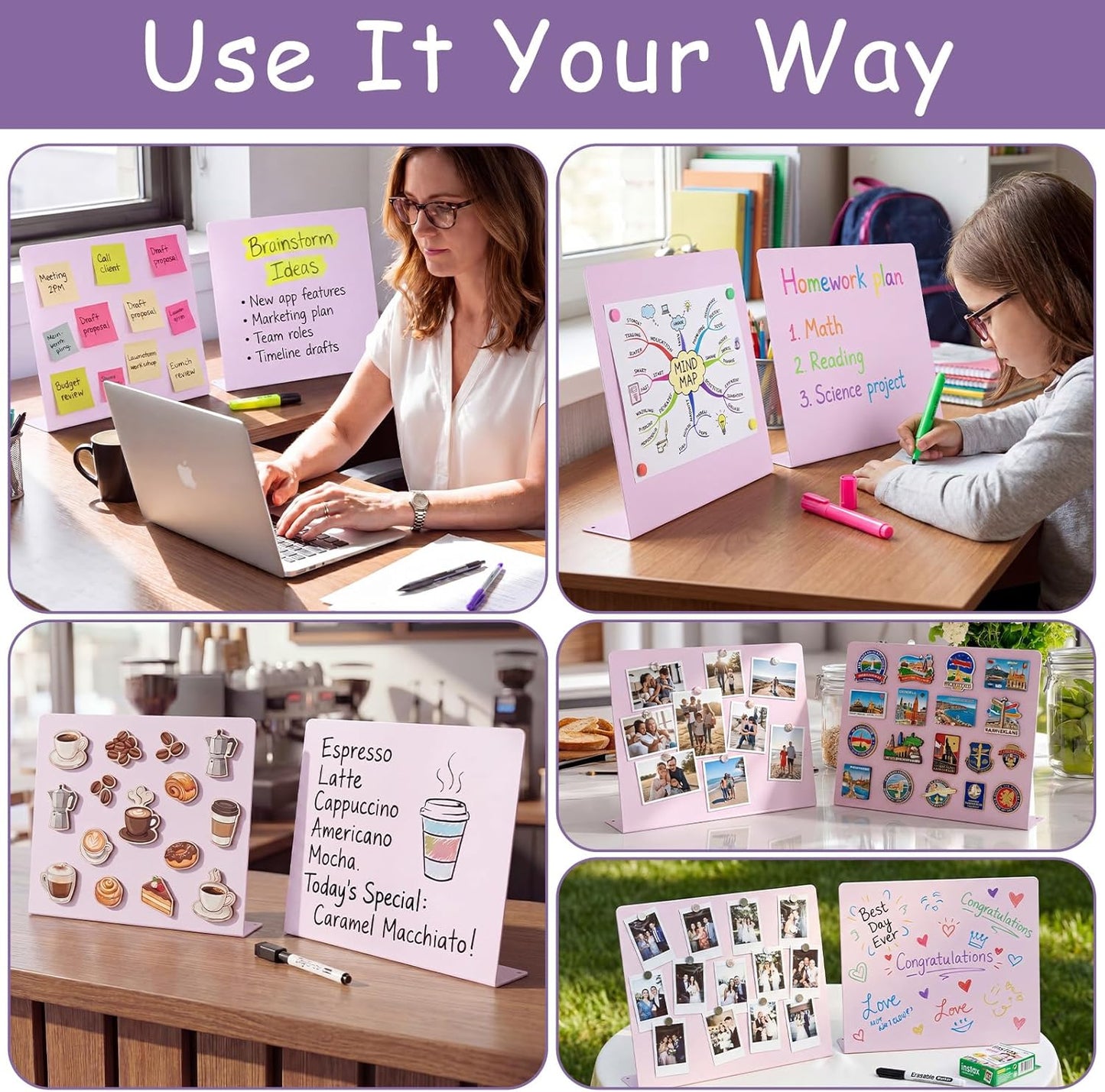 Geyoga 2 Pack Magnetic Bulletin Board with Stand, 16 x 12 Inch Black Magnet Display Board for Memo, Menu, Notes, Photos, for Kitchen Countertop, Office Desk, School