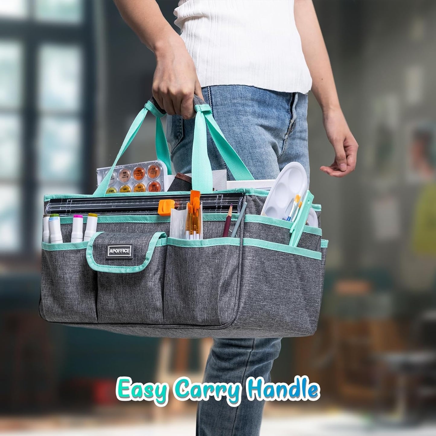 Art Supply Organizer Tote Bag – Craft Caddy with Handle, Utility Storage Tote with Multiple Pockets & Adjustable Divider for Stationary, Sewing, Scrapbooking, School, Office, Medical Supplies