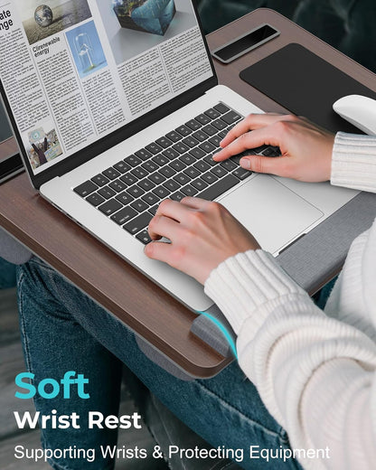 Potuopy Lap Desk - Up to 17” Laptop Tray with Wrist Rest, Portable Handle, Fixed Mouse Pad, Tablet & Phone Slots, Laptop Lap Desk with Cushion (Dark Brown)