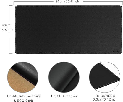 Chihein 2XL 35" x 16" Cork & PU Leather Desk Mat, Dual Sided Desk Pad Protector, Waterproof Writing Blotter for Gaming, Office, Home (Black)
