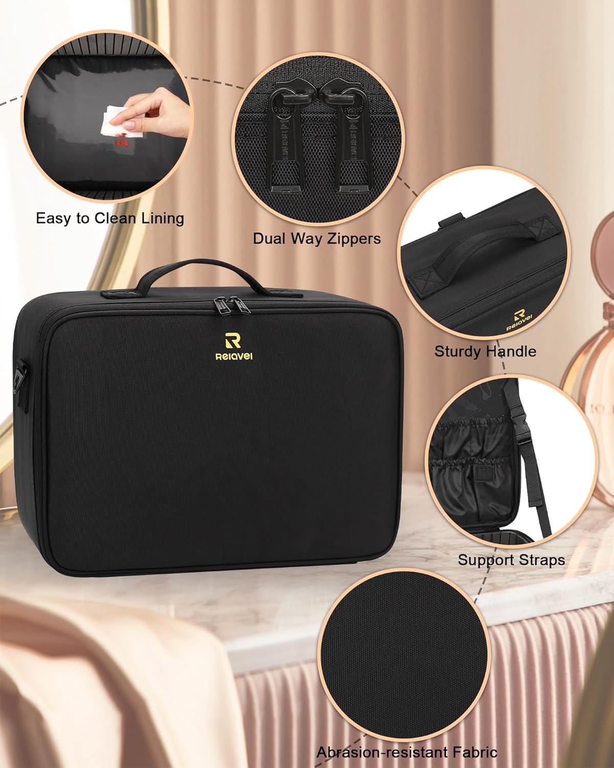 Relavel Makeup Case Large Makeup Bag Professional Train Case 16.5 inches Travel Cosmetic Organizer Brush Holder Waterproof Makeup Artist Storage Box, 3 Layer Large Capacity, with Adjustable Strap