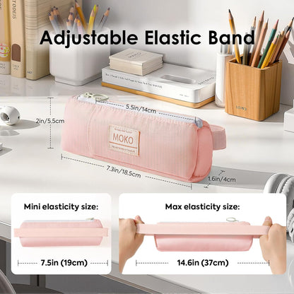 MoKo Pen Holder for Notebook, Pencil Pouch with Adjustable Elastic Band, Slim Portable Zipper Pen Pouch Holder for Planners, Journals, Book, Pink