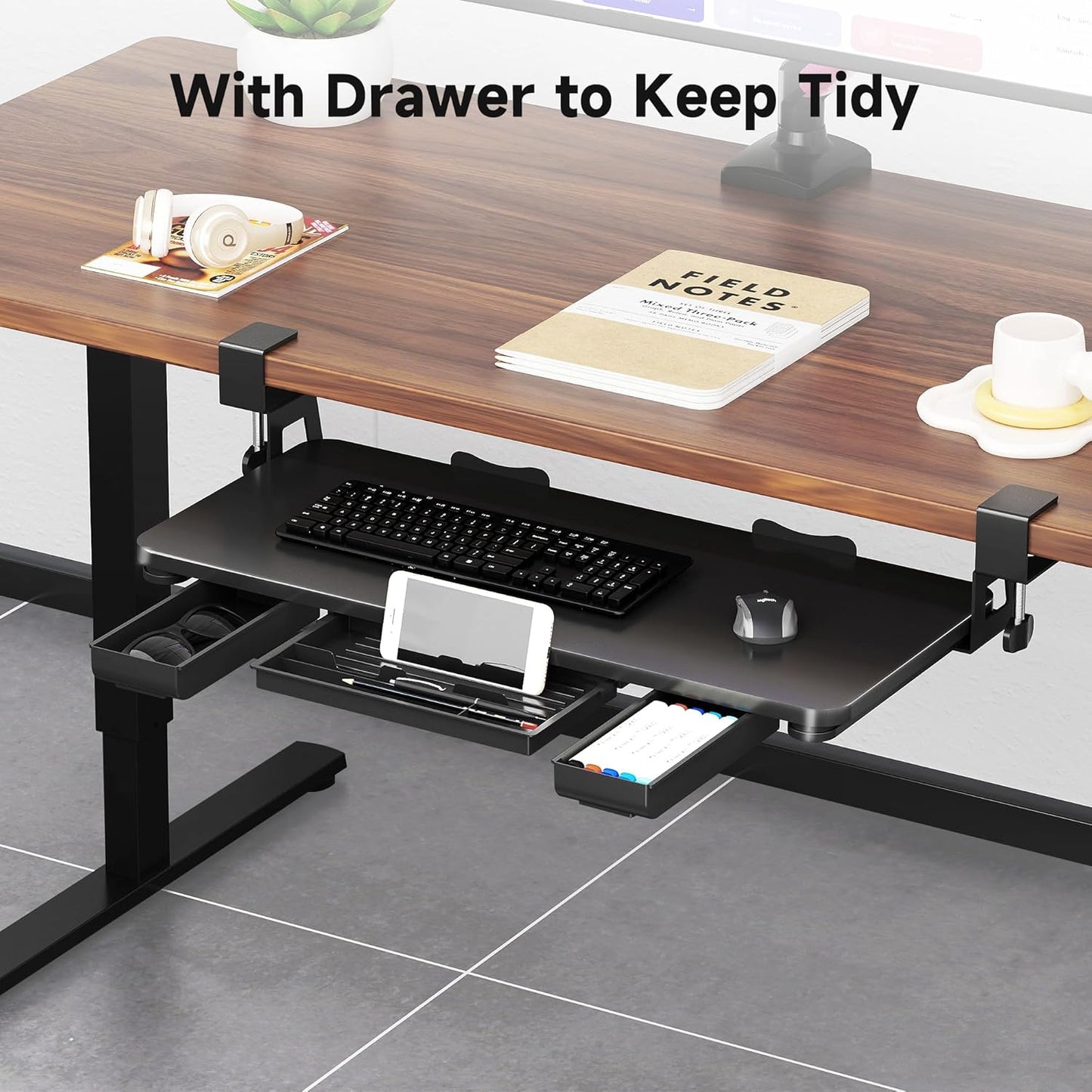XINLEI Keyboard Tray Under Desk Large C-Clamp 25.6” (30” Including Clamps) x 11.8” Slide-Out Platform Computer Drawer Pull Out Keyboard & Mouse Tray Black DSF4