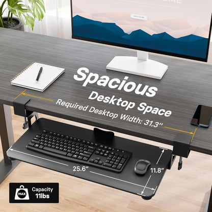 BONTEC KMT01 Under Desk Keyboard Tray, Pull-Out Keyboard & Mouse Platform with C-Clamp, 25.6 x 11.8 in Space-Saving Ergonomic Slide-Out Drawer, White