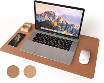 RENMTURE Dual-Sided Mouse Pad, Natural Cork & PU Leather Large Desk Pad for Office and Home Work, Desk Protector Non-Slip, Waterproof, Easy Clean (Olive Green, 32"x16")