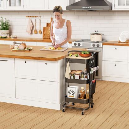 DTK 3 Tier Metal Utility Rolling Cart with Table Top and Side Bags, Tray Storage Organizer Wheels, Art Craft 4 Hooks for Kitchen Bathroom Office Living Room (Black)