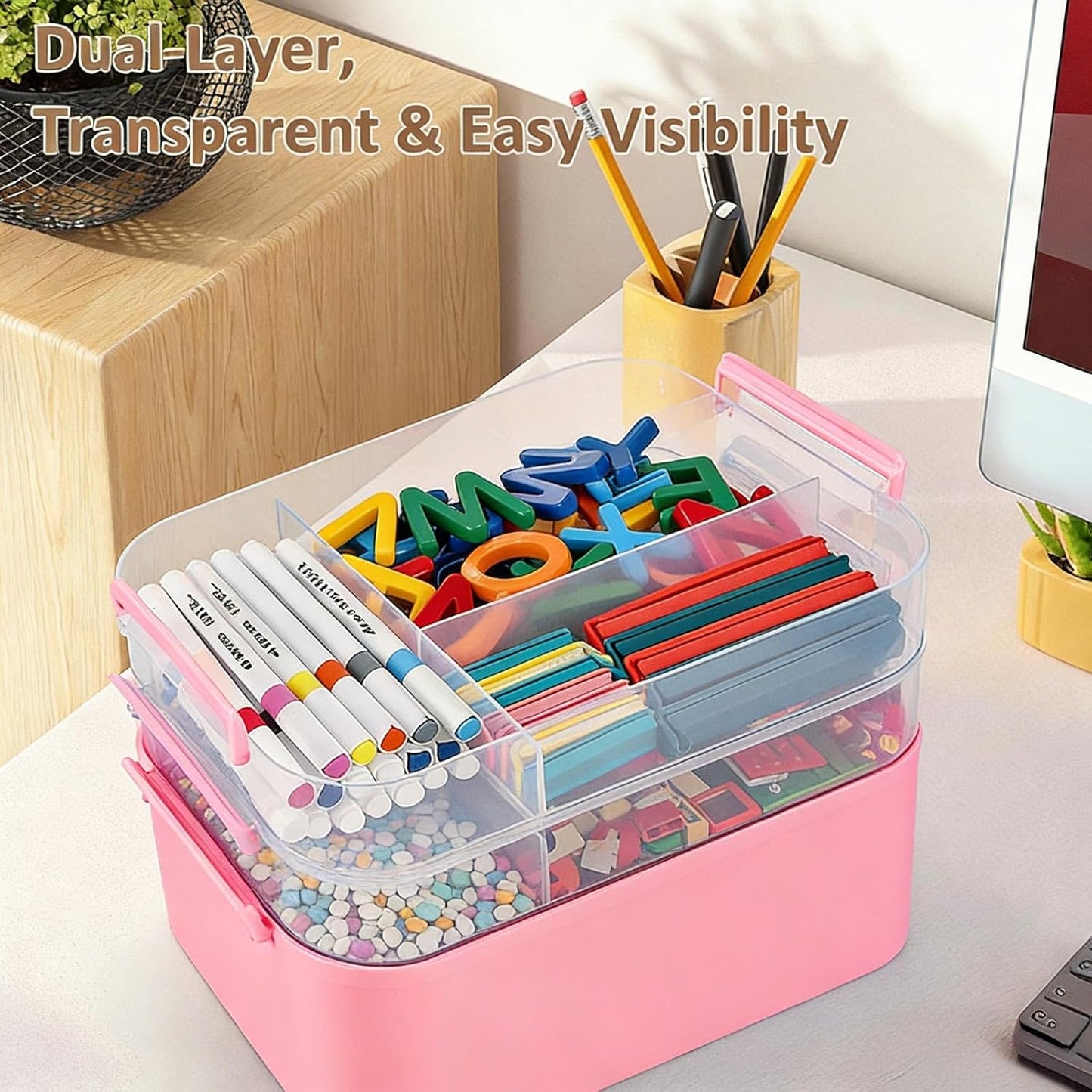 3-Layer Plastic Craft Organizers and Storage Box with Removable Trays, Storage Containers with lids and Handle, Art Supply Storage Organizer for Bead, Ornament, Nail Polish, Tape（10.62"x9"x7.67"）