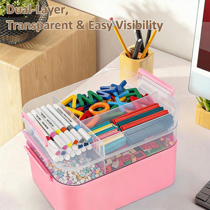 3-Layer Plastic Craft Organizers and Storage Box with Removable Trays, Storage Containers with lids and Handle, Art Supply Storage Organizer for Bead, Ornament, Nail Polish, Tape（10.62"x9"x7.67"）