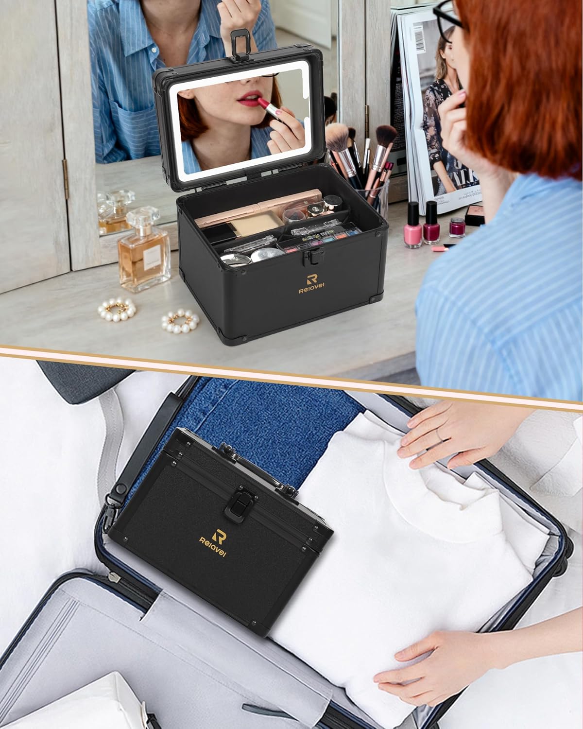 Relavel Travel Makeup Bag With LED Mirror, Cosmetic Train Case with Light up Mirror, Portable Makeup Artist Organizer Bag with Adjustable Dividers, Makeup Brush Holder Storage, Black