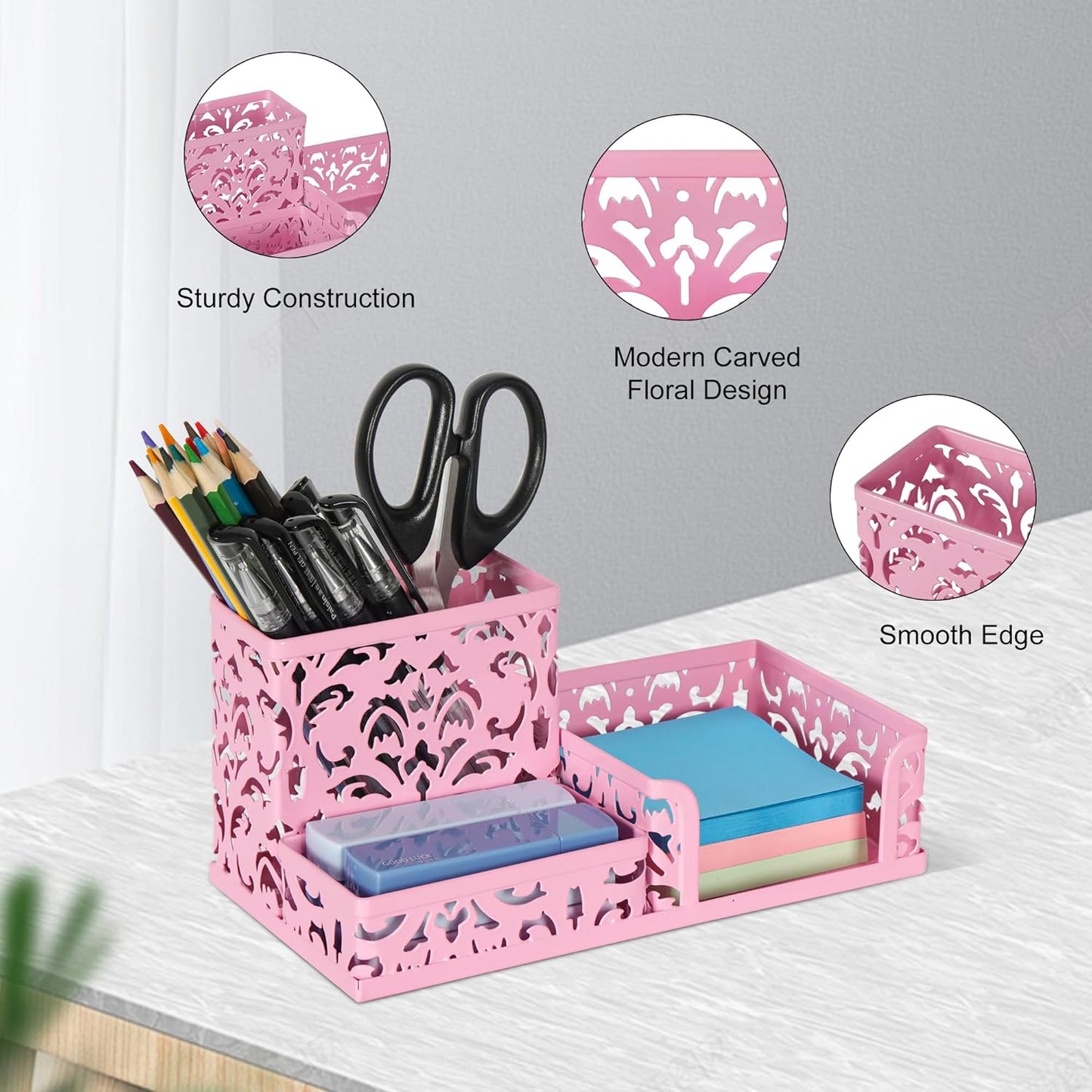 EasyPAG Desk Organizer with 3 Compartment for Pencil Sticky Note Holder and Office Accessories,White