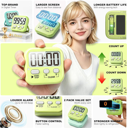 Antonki 2 Pack Digital Timer for Kids, Magnetic Countdown Kitchen Timers for Cooking, Egg, Classroom, Teacher, Exercise, Study, Oven - Battery Included
