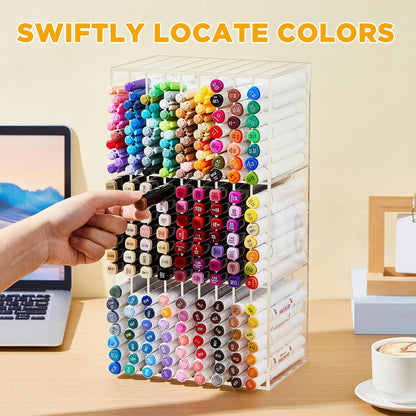 MotiMind Acrylic Marker Organizer for 189 Marker, Large Art Pencil Holder Storage Rack for Desk, Pens Art Brushes Display Stand with 27 Compartments for Desktop, Office (clear, 189 Capacity)