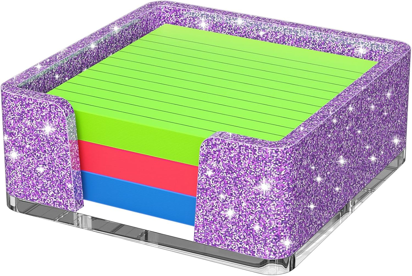 Sticky Note Holder, Glitter Pink Acrylic Notepad Holder 3x3 in Self-Stick Note Dispenser Office Desk Accessories, Memo Pad Holder Organizer for Classroom School Supplies