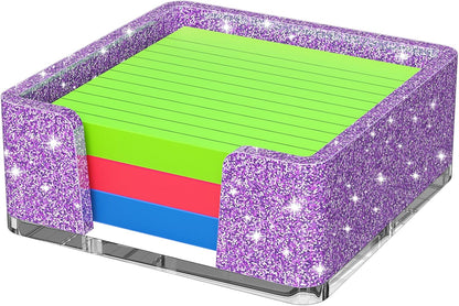Sticky Note Holder, Glitter Pink Acrylic Notepad Holder 3x3 in Self-Stick Note Dispenser Office Desk Accessories, Memo Pad Holder Organizer for Classroom School Supplies