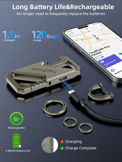 Keychain, Works with Apple Find My, Heavy Duty Key Chains Carabiner Bottle Opener, Car Key Finder with GPS Tracker, Rechargeable Bluetooth Key FinderTracker for Luggage, Bags, Backpack etc, Black